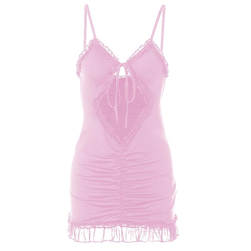 Ruffle hollow out ruched backless cami cut out mini dress