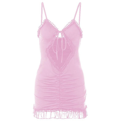 Ruffle hollow out ruched backless cami cut out mini dress