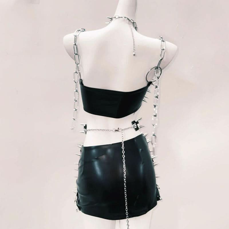 O ring rivet applique PU leather metal chain mini skirt set