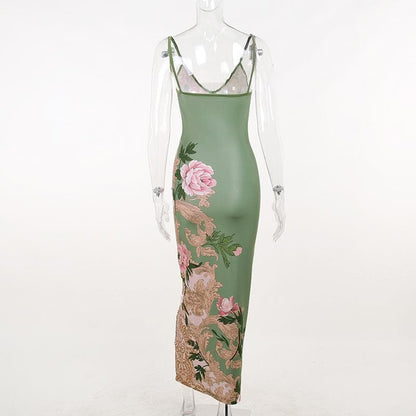 Spaghetti Strap V-Neck Floral Baroque Print Satin Bodycon Maxi Dress