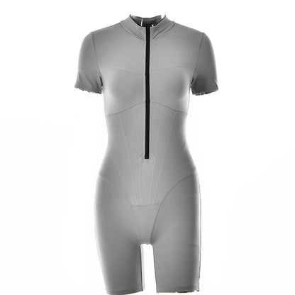 Stitch short sleeve zip-up high neck romper