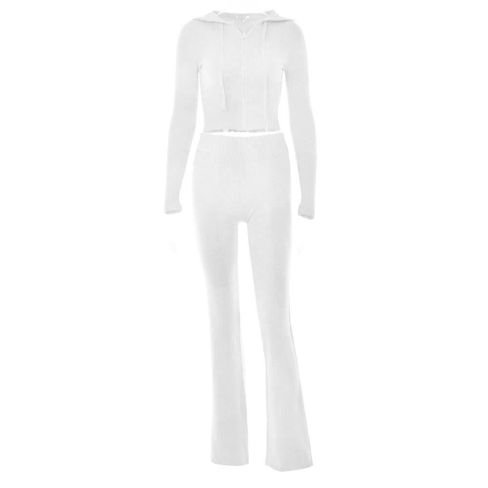 Long sleeve zip-up hoodie drawstring solid pant set