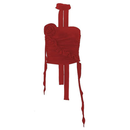 Flower applique solid halter ruched tube crop top