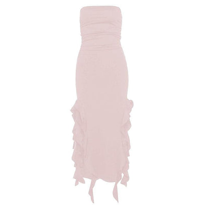 Solid slit irregular ruffle ribbon backless tube midi dress