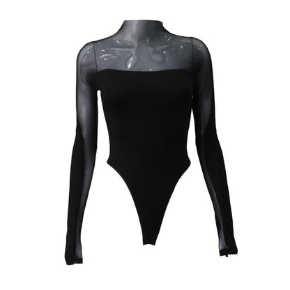 Long sleeve high neck mesh patchwork bodysuit