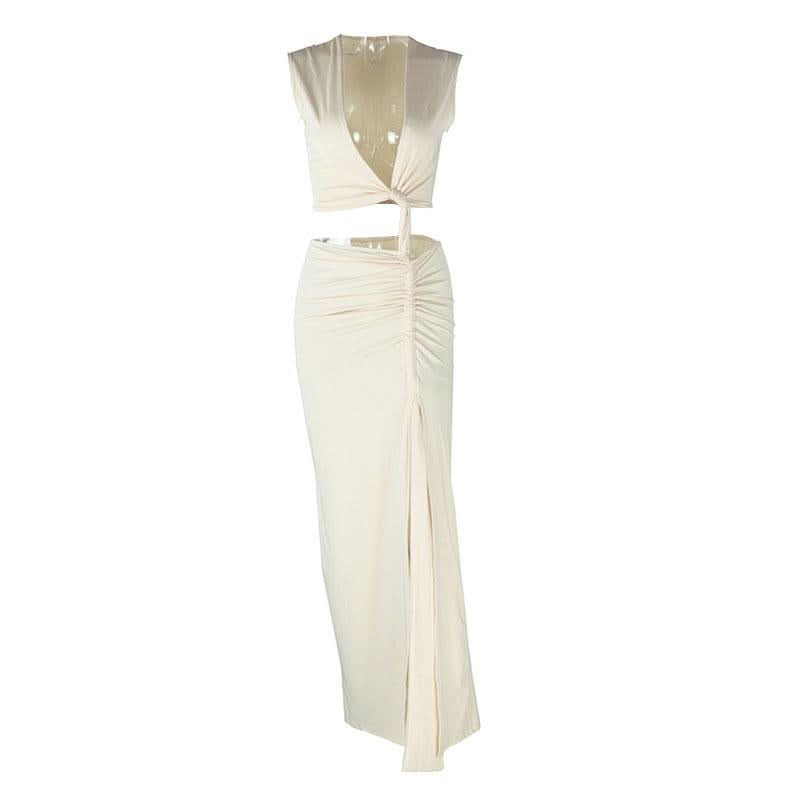 Irregular ruched slit hollow out v neck cut out maxi dress