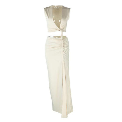Irregular ruched slit hollow out v neck cut out maxi dress