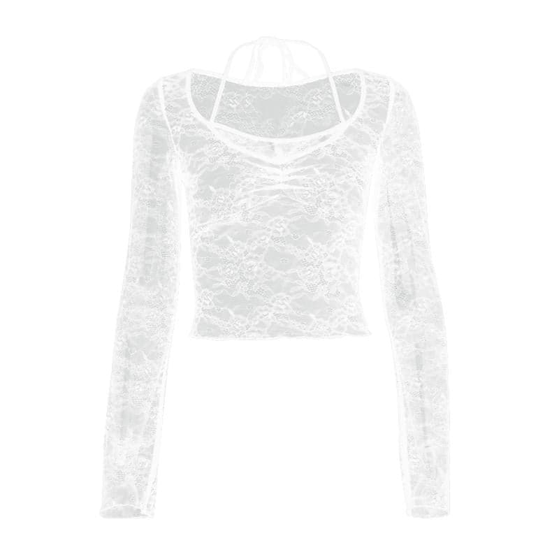 Long sleeve halter lace ruched see through top