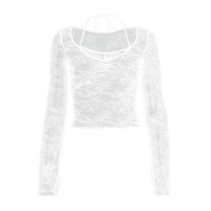 Long sleeve halter lace ruched see through top