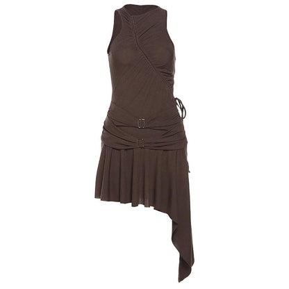 Irregular ruched drawstring buckle tank mini dress