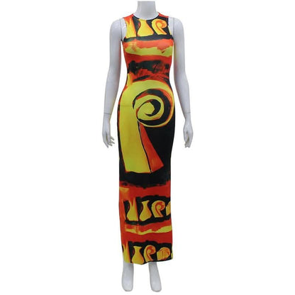 Crewneck sleeveless contrast print slit maxi dress-final-sale