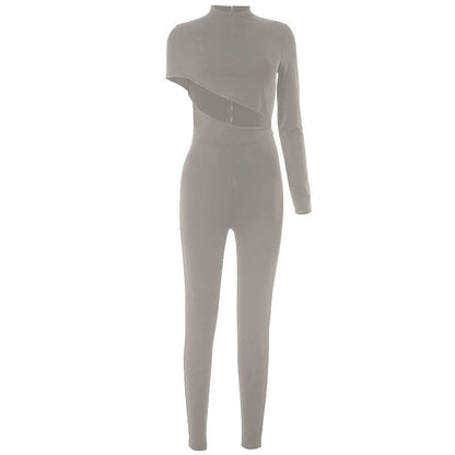 Hollow out irregular long sleeve high neck solid jumpsuit