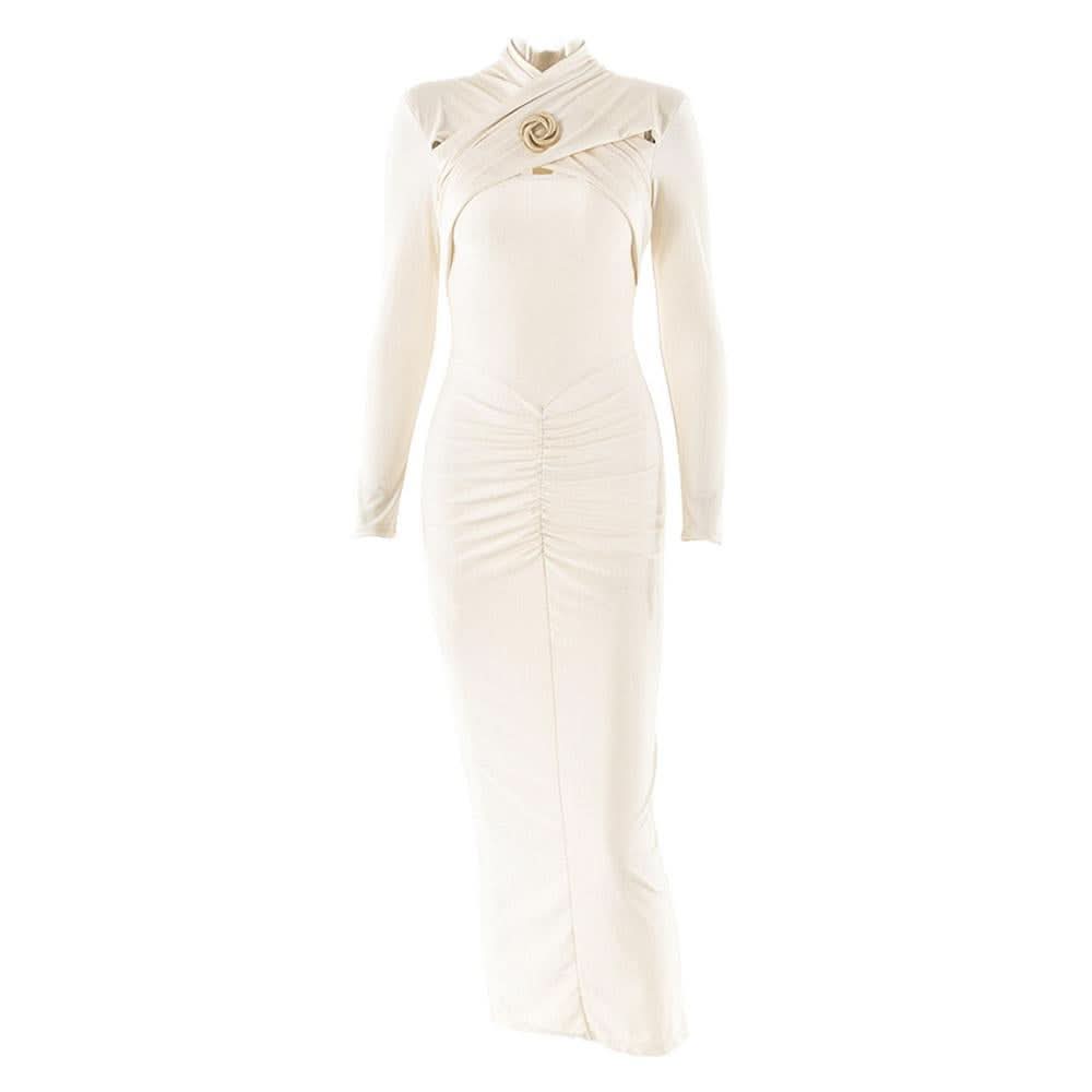 Hollow out long sleeve ruched slit solid cut out midi dress