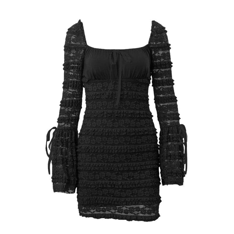 Square Neck Bow Tiered Floral Lace Bell Sleeve Ribbon Tie Bodycon Mini Dress