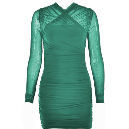 Cross front mesh ruched zip-up long sleeve solid mini dress