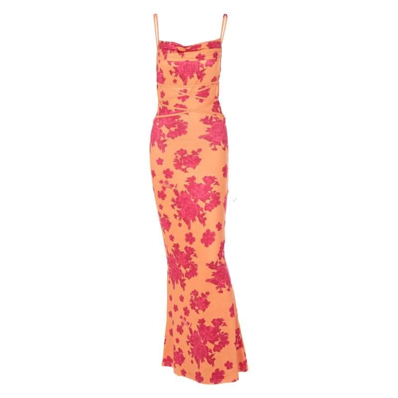 Flower print self tie cowl neck backless cami maxi dress-final-sale