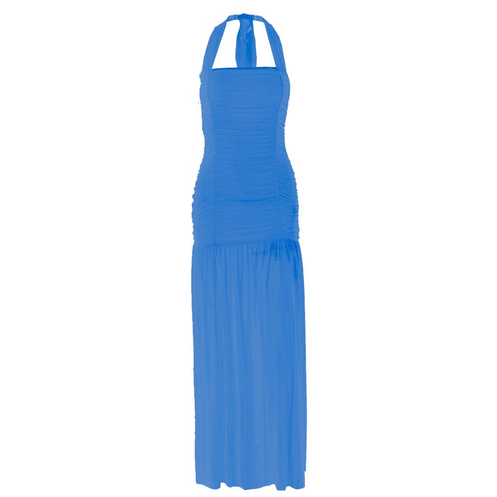 Halter ruched backless solid maxi dress