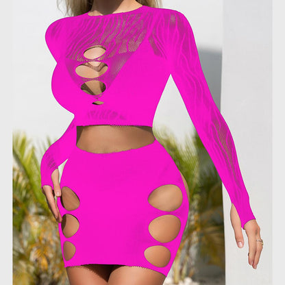 Long sleeve zebra sheer mesh mini skirt set