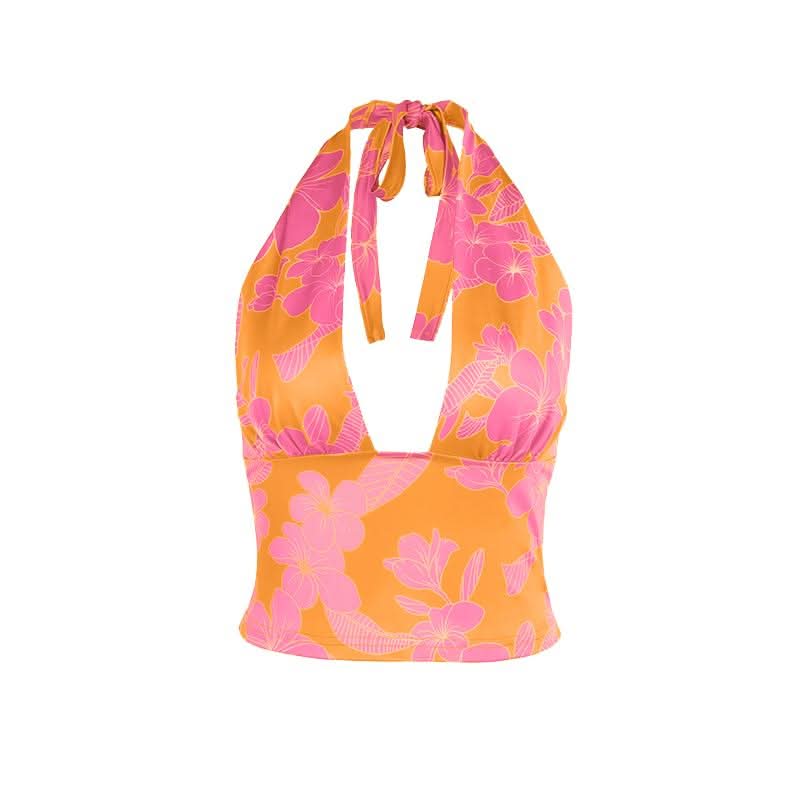 Self tie halter flower print backless contrast top