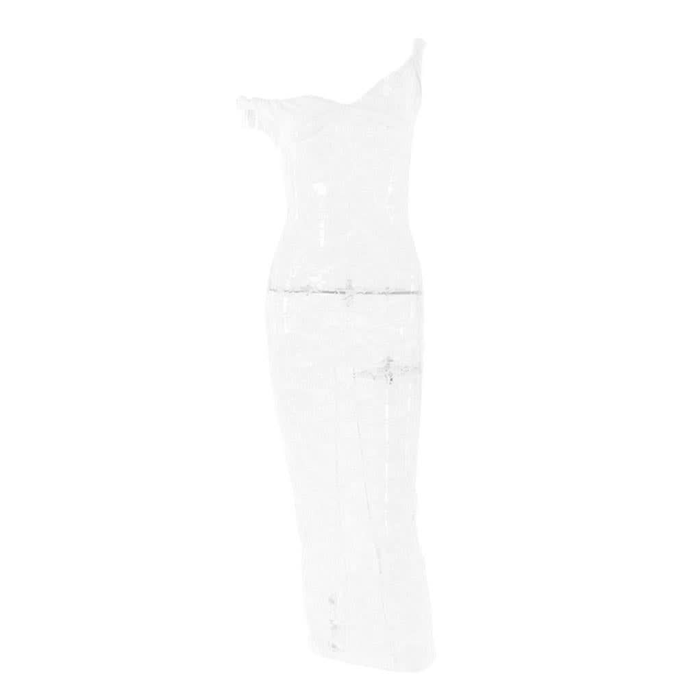 Irregular lace slit see through solid midi dress