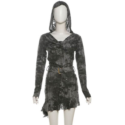 Hoodie long sleeve belt hollow out cut out mini dress