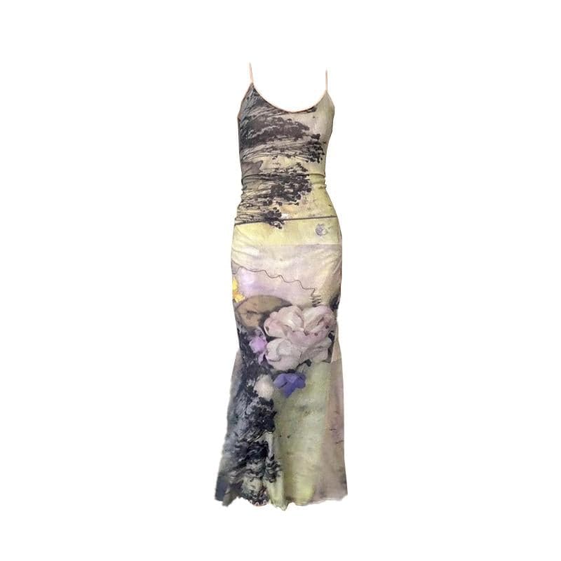 U neck flower print ruched cami cami maxi dress