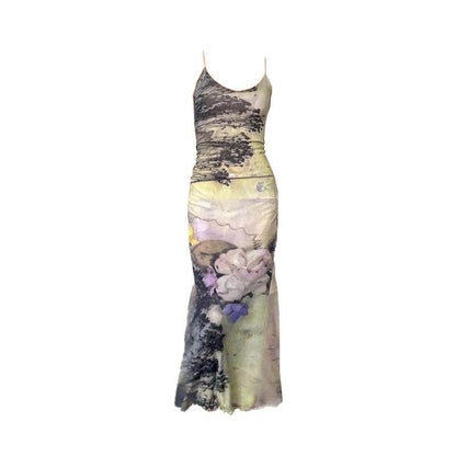 U neck flower print ruched cami cami maxi dress