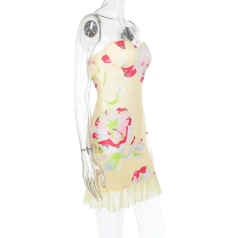 Mesh flower print sweetheart neck tube mini dress