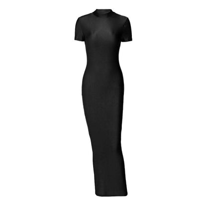 Short sleeve high neck slit solid maxi dress-final-sale