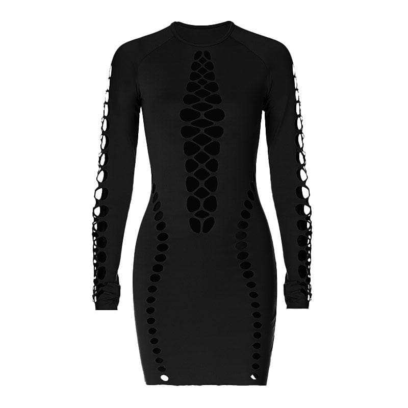 Crew Neck Long Sleeve Hollow-Out Cutout Bodycon Mini Dress