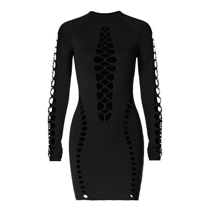 Crew Neck Long Sleeve Hollow-Out Cutout Bodycon Mini Dress
