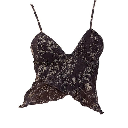 Ruffle v neck sheer mesh cross front print see through crop top