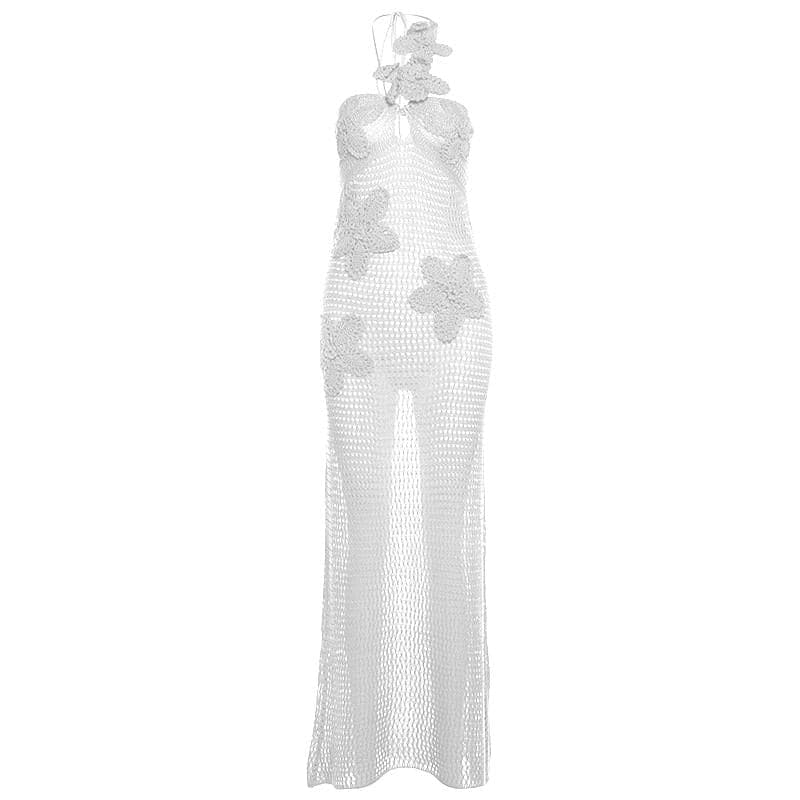 Halter knitted flower pattern see through maxi dress