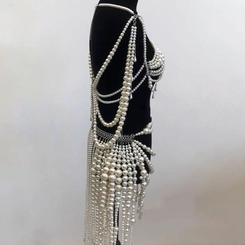 Beaded metal chain hollow out faux pearl cut out top