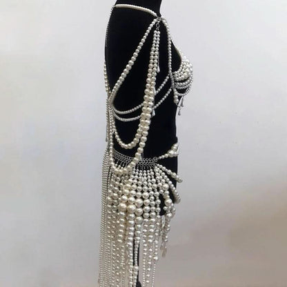 Beaded metal chain hollow out faux pearl cut out top