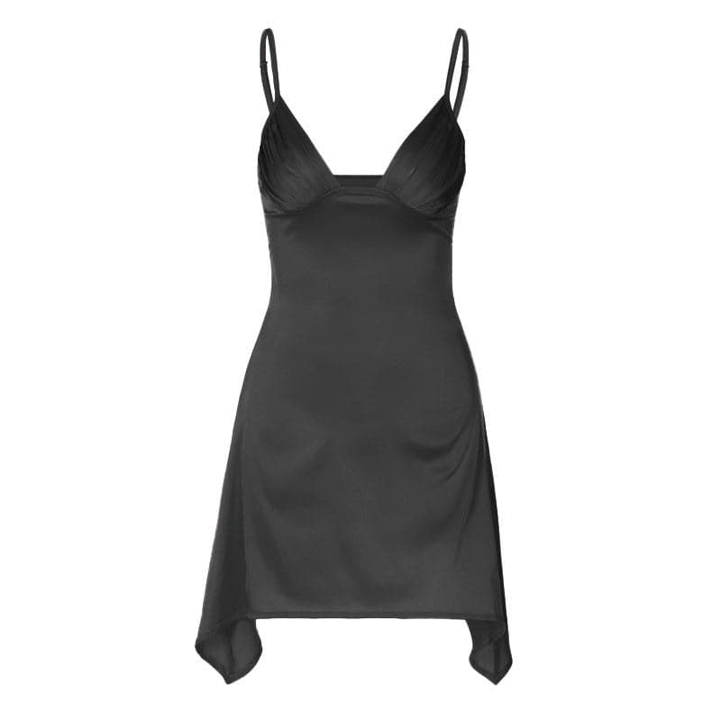 Ruched Bust Deep V Neck Spaghetti Strap Backless Mini Dress