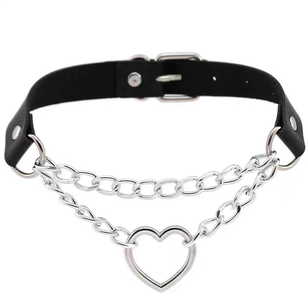 PU leather rivet o ring metal chain necklace