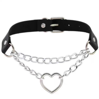PU leather rivet o ring metal chain necklace