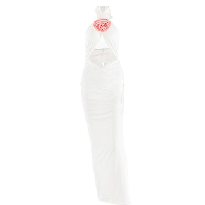 Ruched halter flower applique hollow out cross front contrast cut out maxi dress