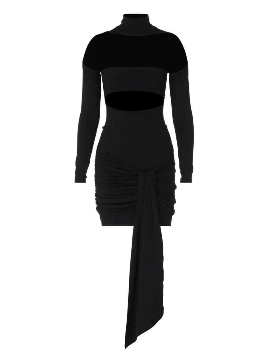 High neck long sleeve hollow out knotted cut out mini dress