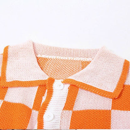 Turnover collar button drawstring plaid knitted pant set