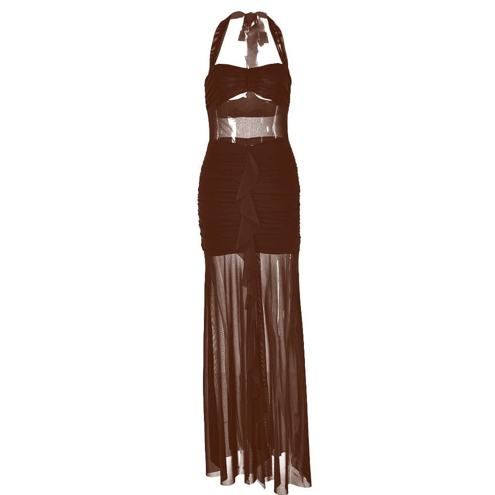 Halter patchwork mesh ruched ruffle maxi dress