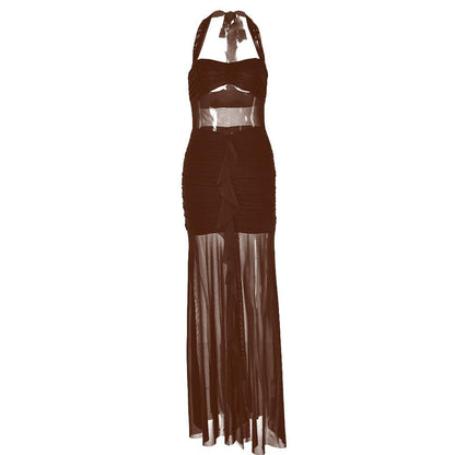 Halter patchwork mesh ruched ruffle maxi dress