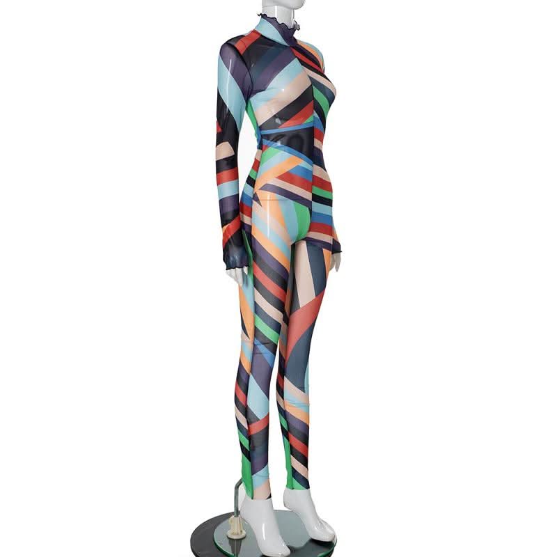 High neck long sleeve ruffle sheer mesh print jumpsuit