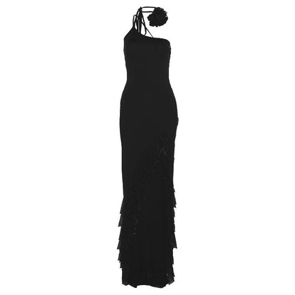 Solid one shoulder irregular ruffle flower applique maxi dress