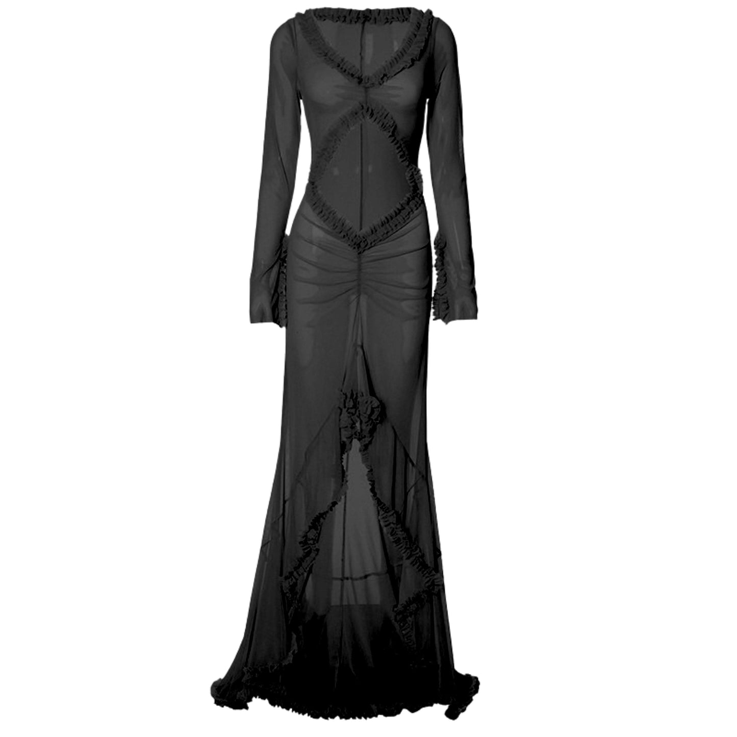 Long sleeve ruffle hollow out v neck sheer mesh cut out maxi dress