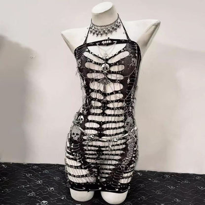 Hollow out metal chain skull applique see through cut out top