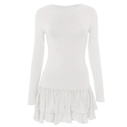 Ruched long sleeve crewneck solid mini dress