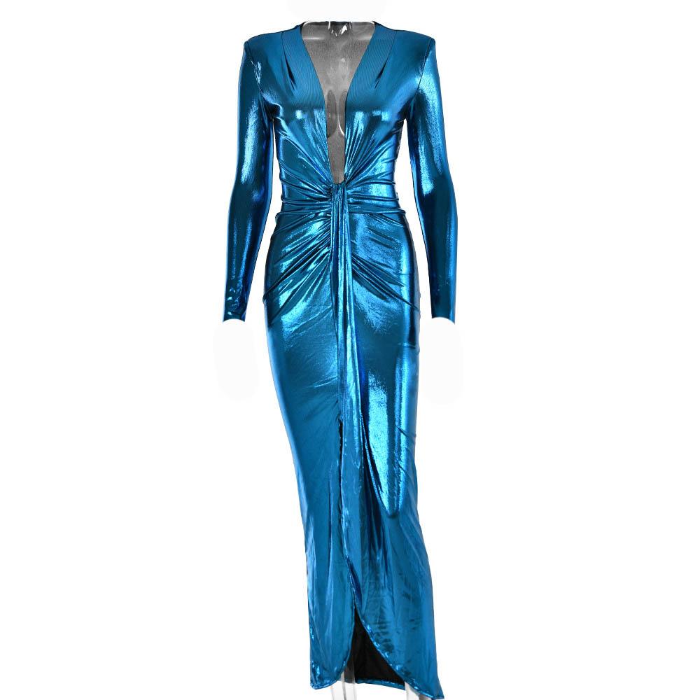 Ruched Metallic Long Sleeve V Neck Knotted Front Maxi Dress