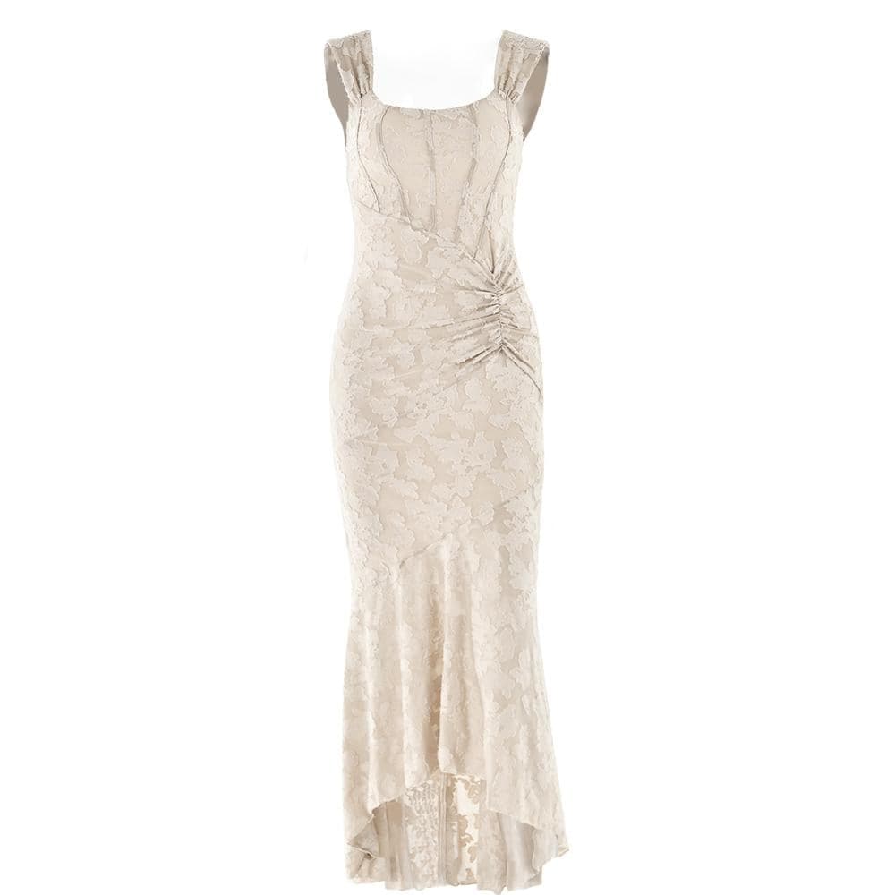 U neck zip-up ruched bustier ruffle cami maxi dress